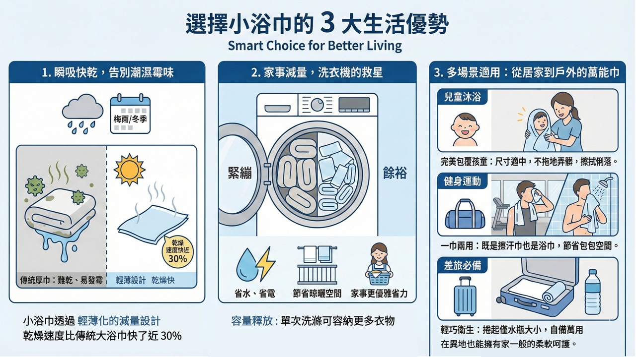 【輕量化生活】告別厚重晾不乾!為什麼越來越多人選擇「小浴巾」?(图2) 【輕量化生活】告別厚重晾不乾!為什麼越來越多人選擇「小浴巾」?(图2)